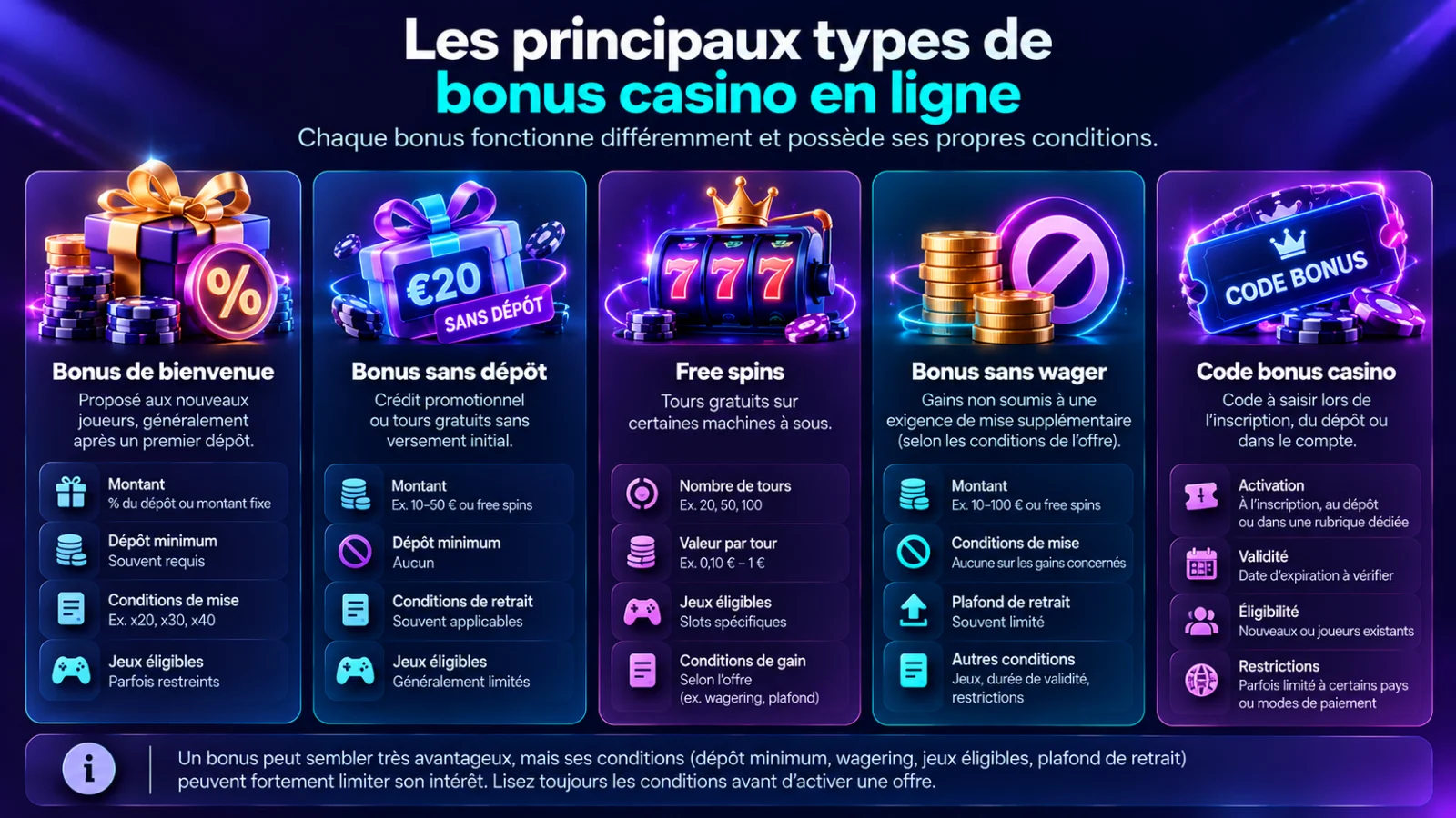 Comparaison des cinq types de bonus casino en ligne : bonus de bienvenue, bonus sans dépôt, free spins, bonus sans wager et code bonus