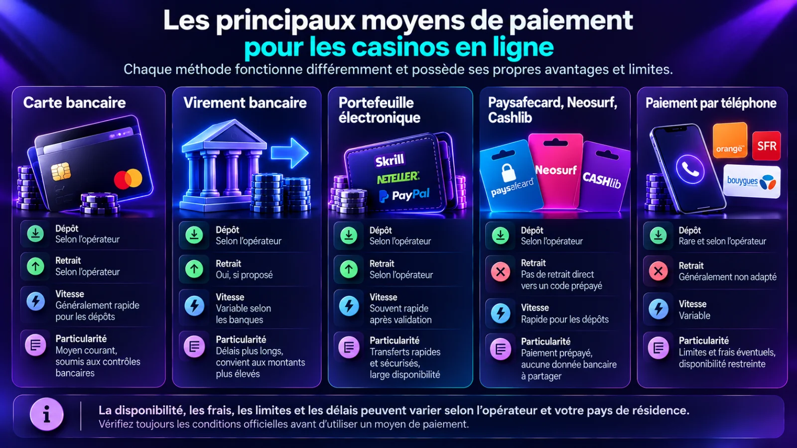 Comparaison des moyens de paiement casino en ligne : carte bancaire, virement, portefeuille électronique, Paysafecard, Neosurf, Cashlib et paiement par téléphone