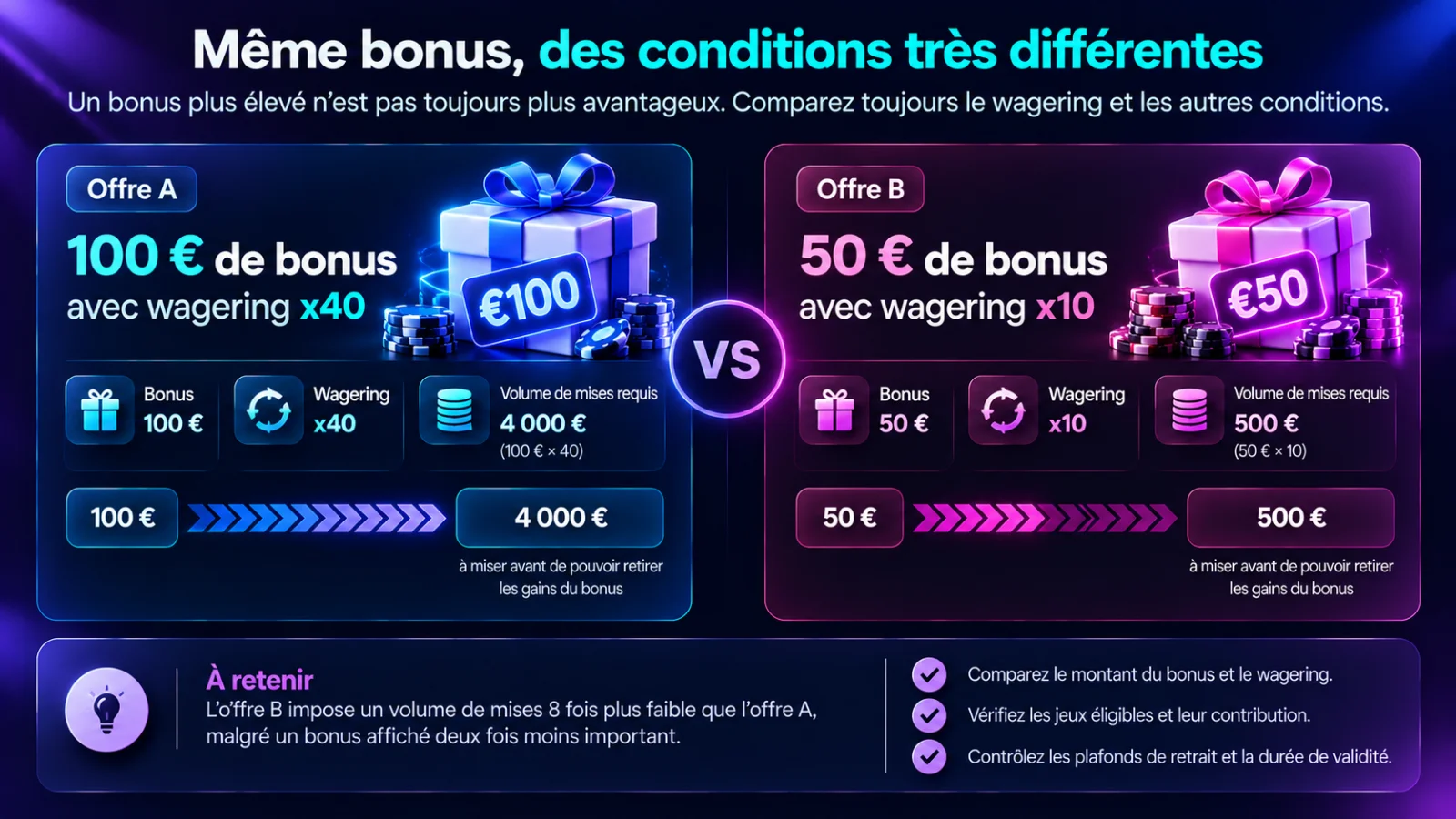 Comparaison du wagering de deux bonus casino en ligne : bonus de 100 € avec mise x40 soit 4 000 € et bonus de 50 € avec mise x10 soit 500 €