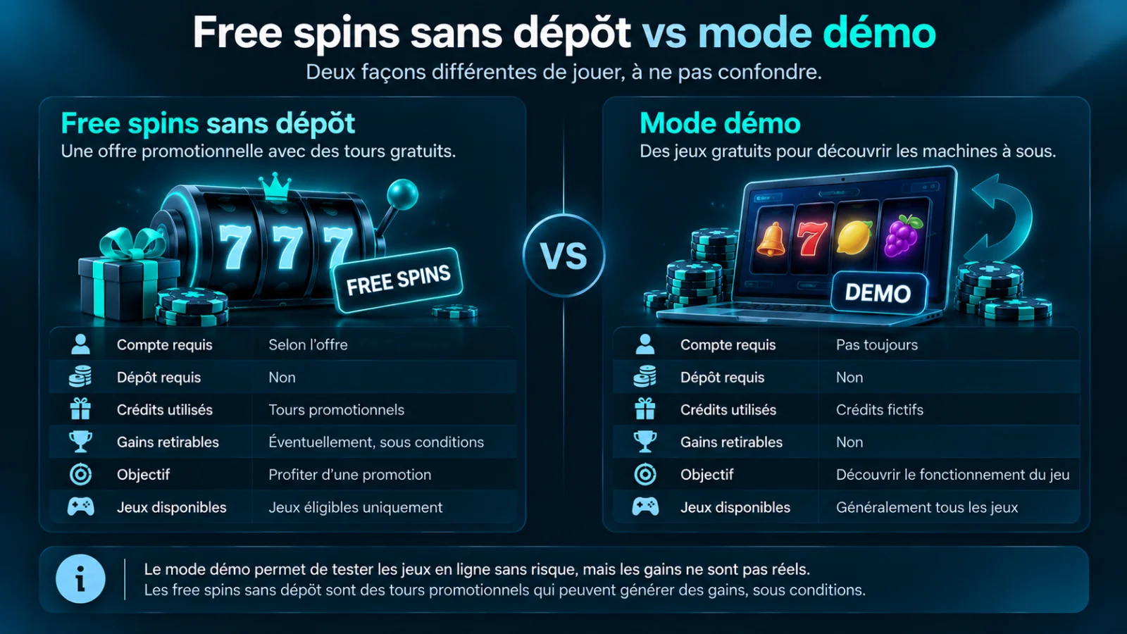 Comparaison entre free spins sans dépôt et machines à sous en mode démo : crédits promotionnels, jeux gratuits et conditions de retrait