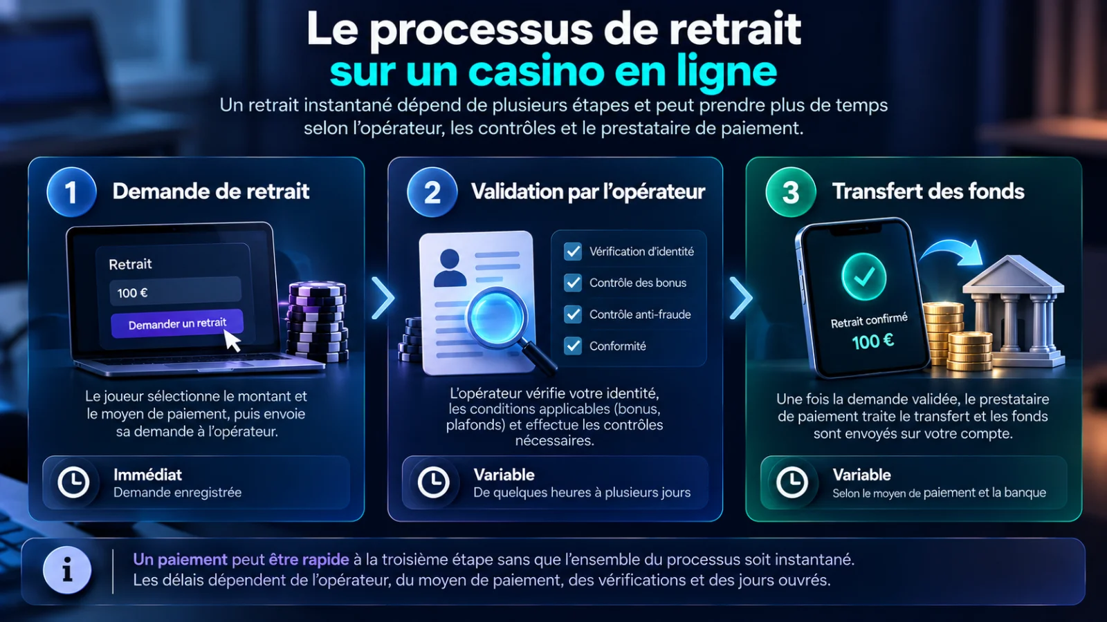 Processus de retrait casino en ligne en trois étapes : demande de retrait, validation par l'opérateur et transfert des fonds vers le compte bancaire