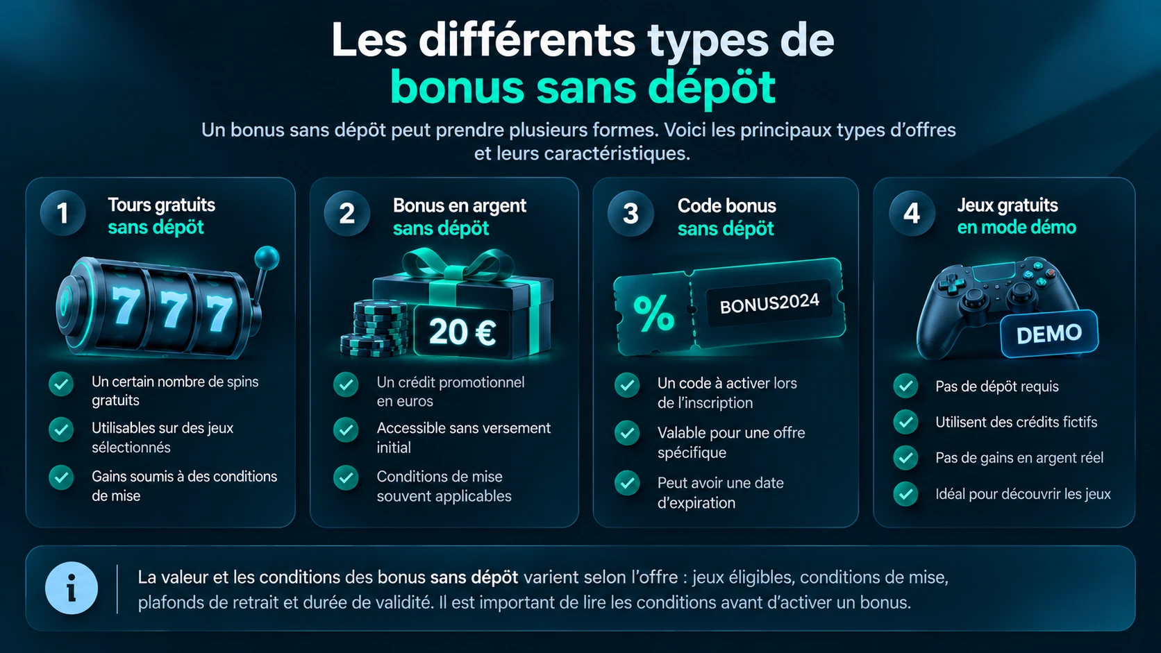 Les différents types de bonus sans dépôt : tours gratuits, bonus en argent, codes promotionnels et jeux en mode démo