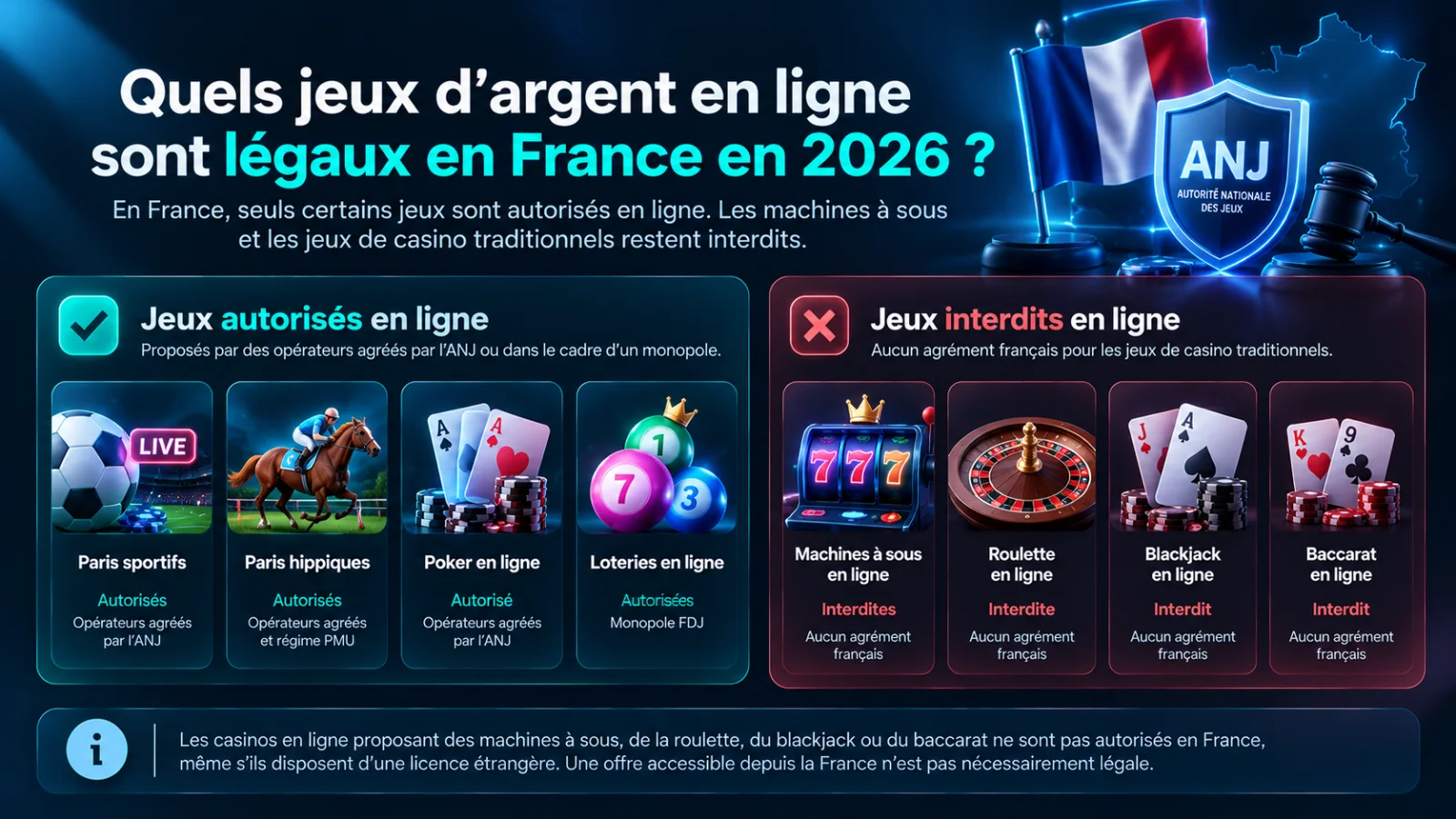 Jeux d'argent légaux et interdits en France en 2026 : poker, paris sportifs, paris hippiques et loteries autorisés, machines à sous, roulette, blackjack et baccarat en ligne interdits