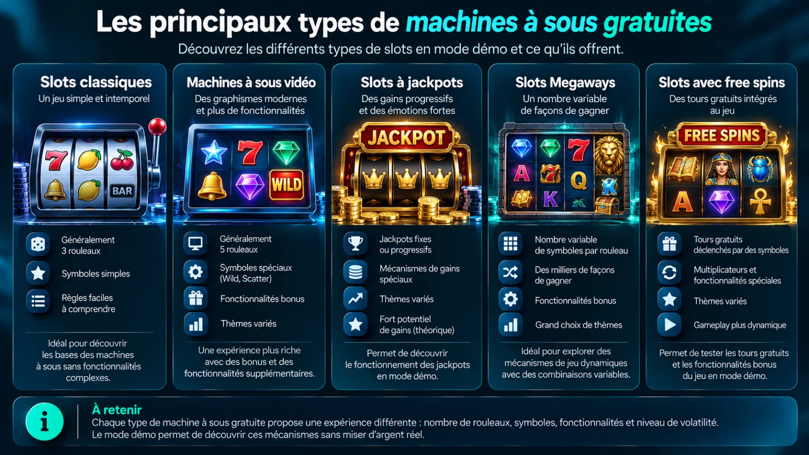 Comparaison de cinq types de machines à sous gratuites en mode démo : slots classiques, machines à sous vidéo, jackpots, Megaways et slots avec free spins