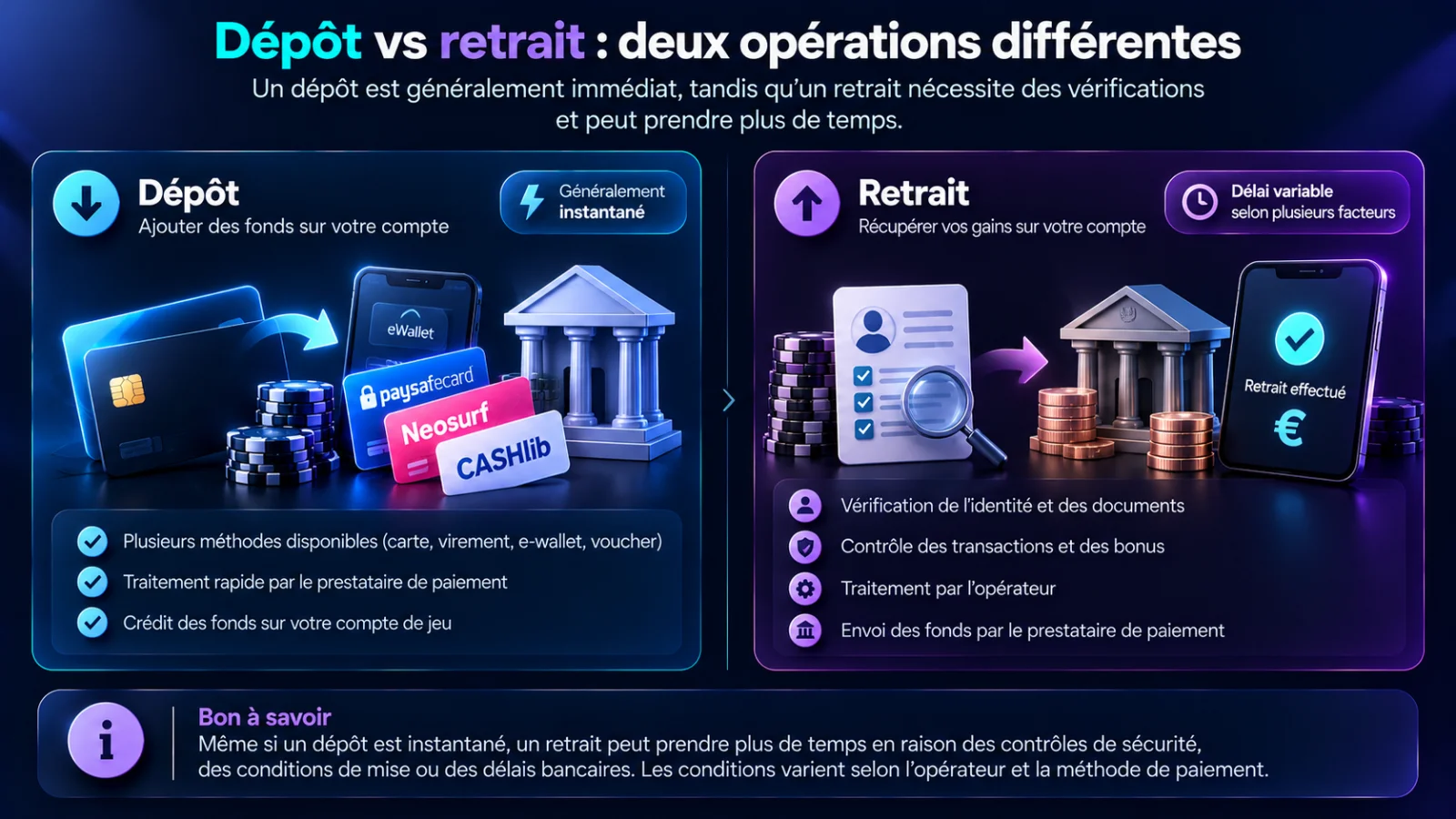 Comparaison entre dépôt et retrait casino en ligne : rapidité des paiements, vérification d'identité, conditions de mise et délais bancaires