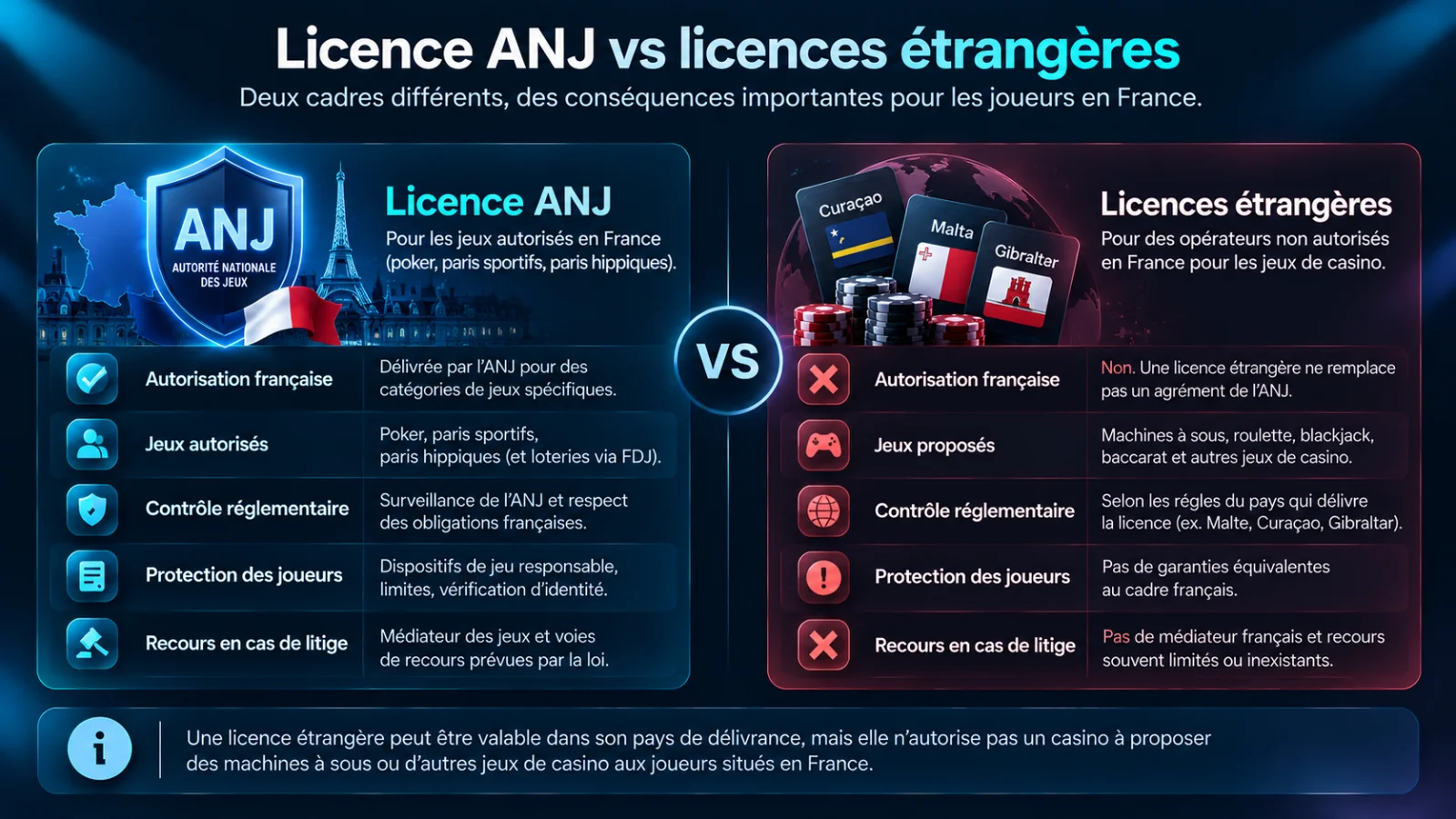 Comparaison entre licence ANJ et licences étrangères de casino en ligne : autorisation française, contrôle réglementaire, protection des joueurs et recours